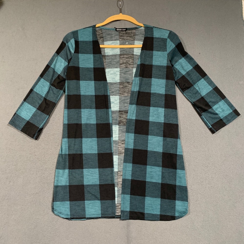 Heimish USA Cardigan Womens Medium Teal Black Buffalo Plaid Open Front SJ1006-35